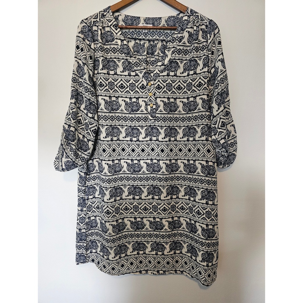 Boho Elephant Print Tunic Top Women L White Navy Blue Roll Tab Sleeve V-Neck